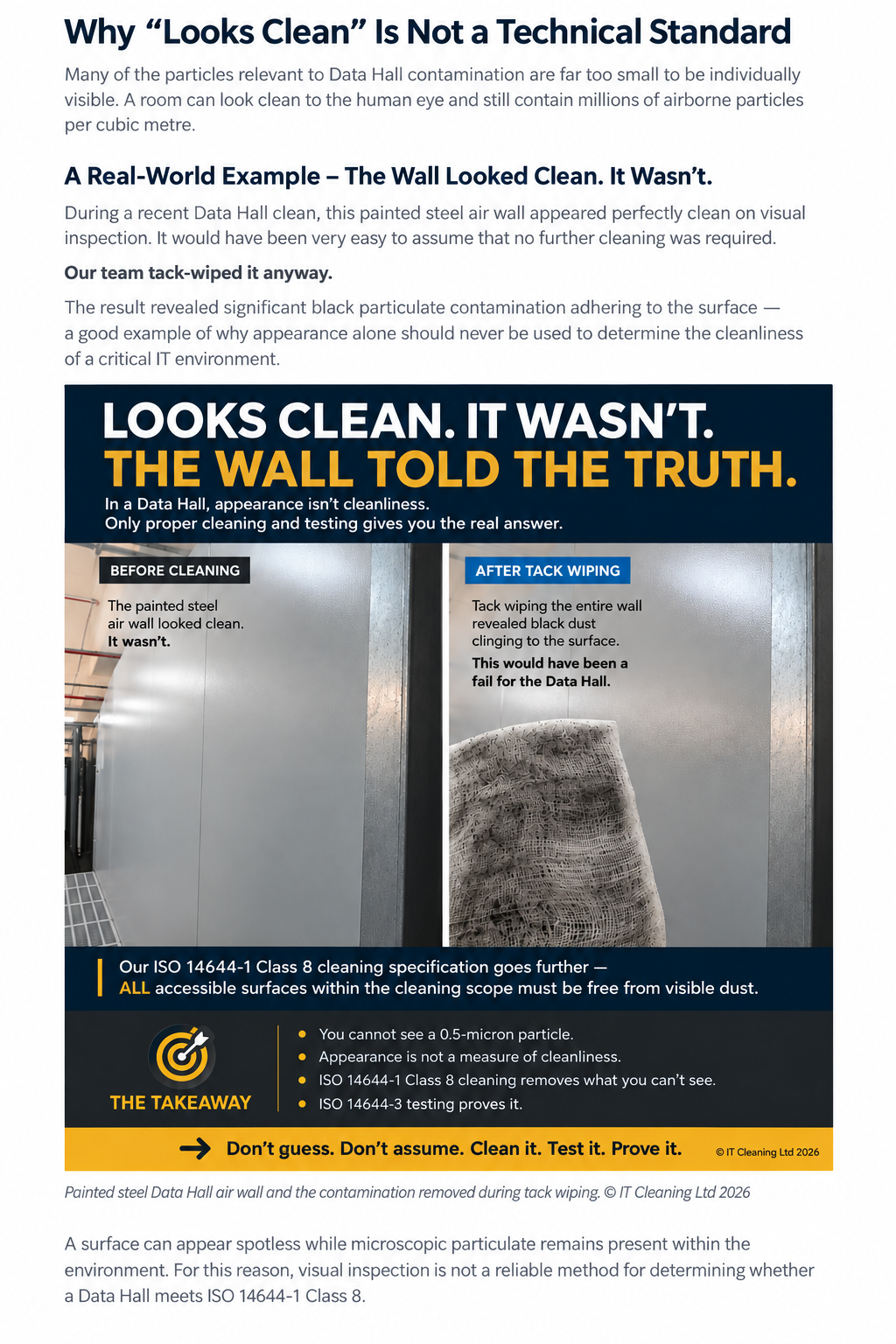 ISO 14644 Class 8 Data Centre Cleaning – contamination removed from apparently clean Data Hall wall